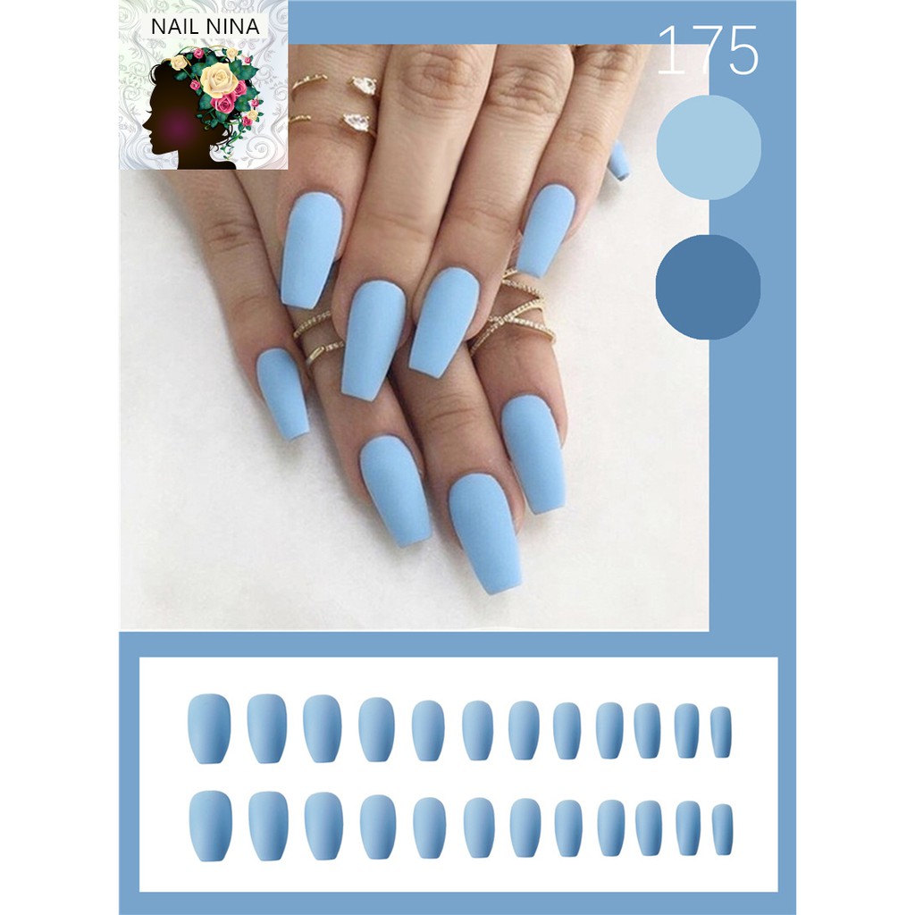 Bộ 24 móng tay giả Nail Nina trang trí nghệ thuật họa tiết màu xanh Blue  mã 175【Tặng kèm dụng cụ lắp】