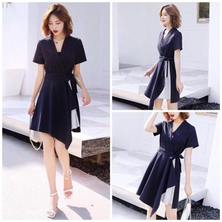 Đầm nữ xanh đen cột eo phối sọc