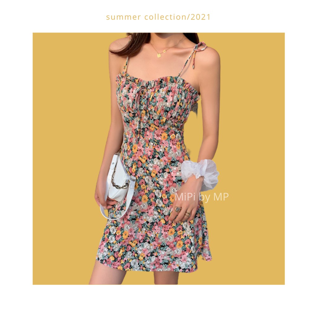 Váy hoa nhí 2 dây ngắn/ Đầm dáng chữ A hoa nhí nhiều màu sắc tươi mát, dễ thương/ Váy sexy 2 dây cột nơ