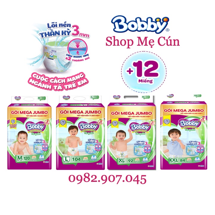 [Tặng 12 miếng] Tã quần Bobby Mega Jumbo Mẫu mới M120, L104, XL92, XXL84