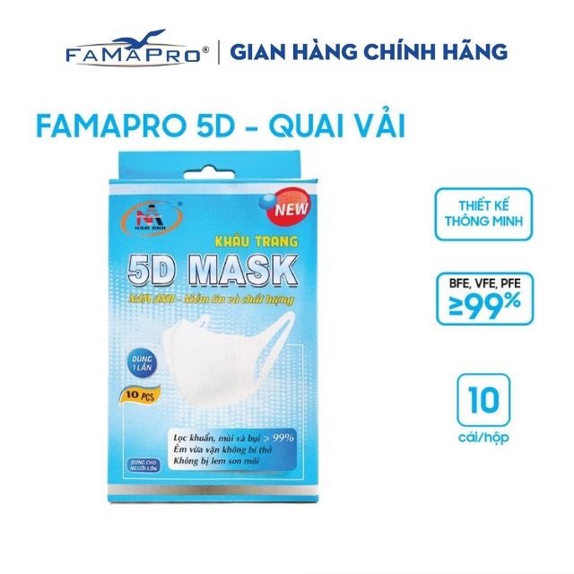 [5D QUAI VẢI- HỘP 10 CÁI] Khẩu trang y tế kháng khuẩn 3 lớp Famapro 5D Mask dây vải