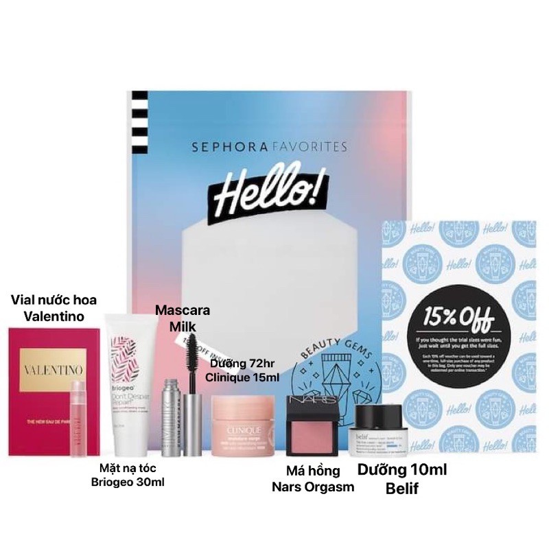 Set Sephora Favorite dưỡng da + make up gồm phấn má hồng NARS ORGASM  6 món (Hàng Mỹ)