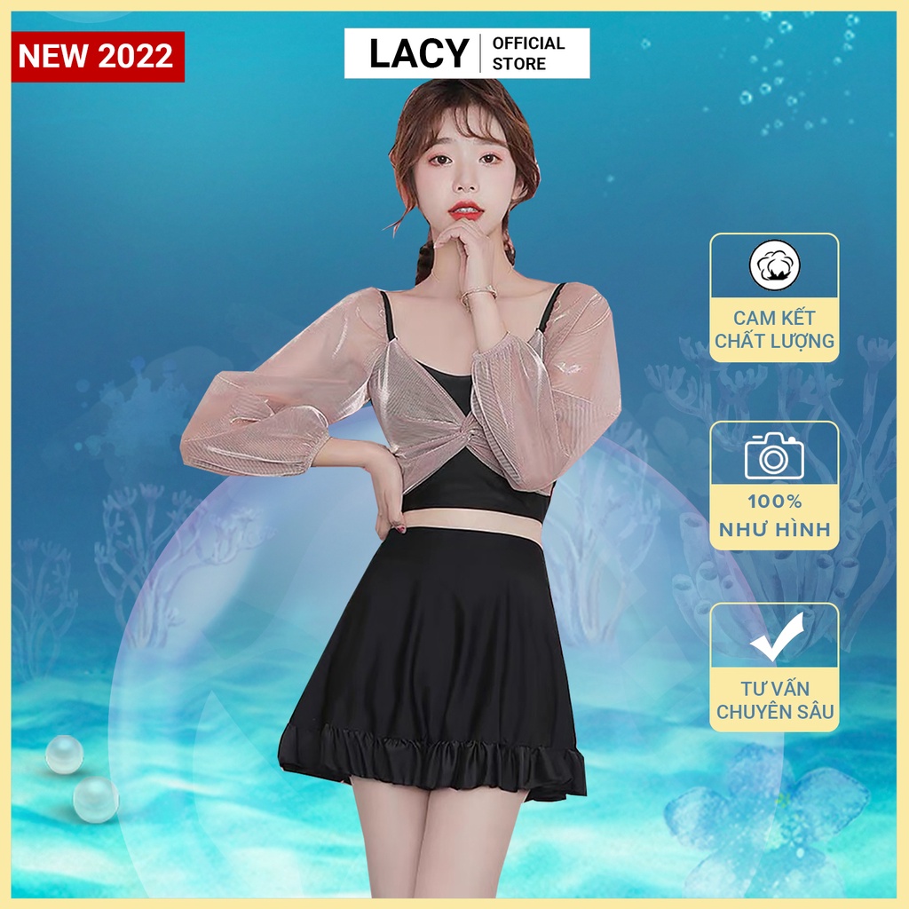 Bikini 2 mảnh đi biển kín đáo dài tay có đệm mút ngực váy cạp cao có kèm quần đùi kiểu Hàn Quốc B150 LACY