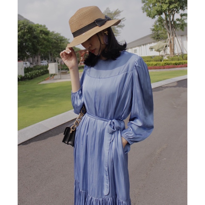 XÍN-Đầm nữ vải tơ- dáng babydoll tay dài  - cổ thuyền, hàng thiết kế cao cấp
