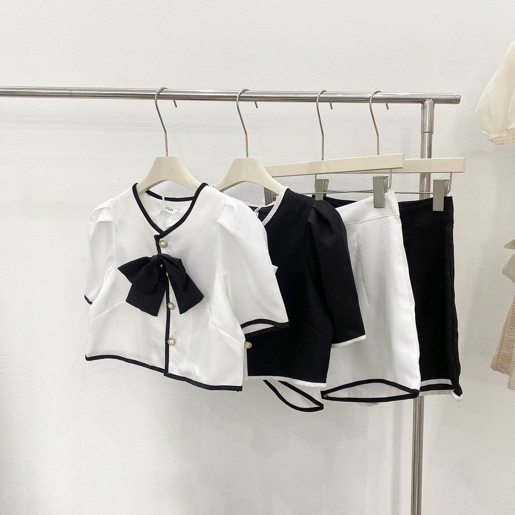 Set áo croptop viền khuy ngọc sang chảnh kèm nơ cài