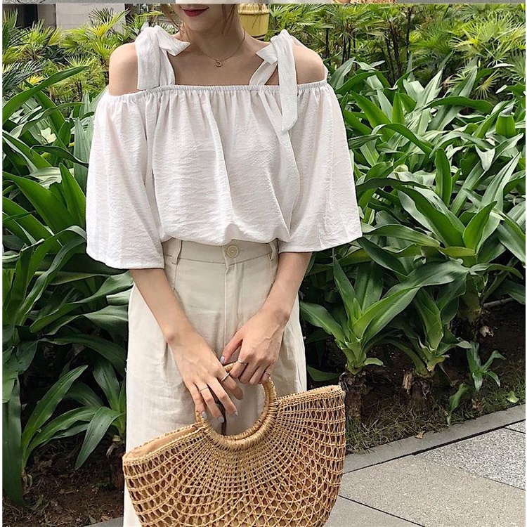 Sơ Mi Nữ Kẻ Sọc Thắt Cà Vạt Ngắn Tay Hở Vai Phong Cách Hàn Quốc Mới