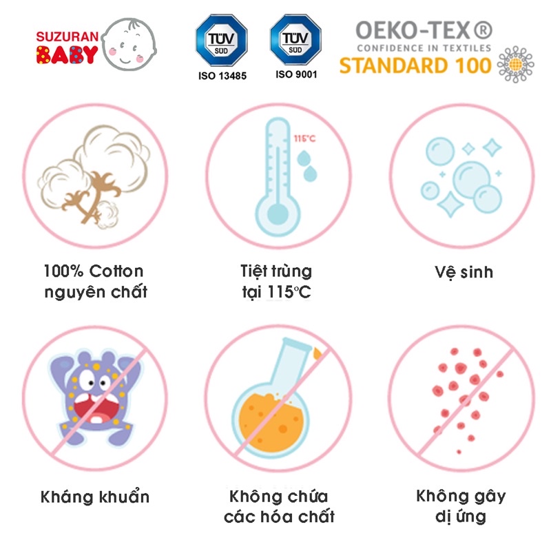 Khăn rơ miệng tiệt trùng Suzuran Japan - 100% cotton Nhật Bản