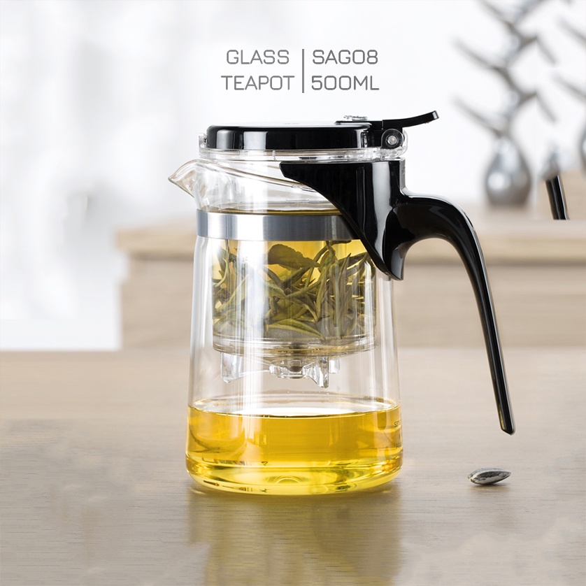 Bình Lọc Trà Thủy Tinh Lõi PC 500ml SAG08 - Ấm trà thủy tinh chịu nhiệt với lõi lọc có van khóa - Shop Samahome