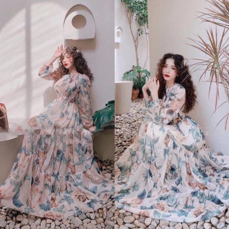 [RẺ VÔ ĐỊCH] Đầm Maxi Hoa Xòe (SIZE S-M-L) tay dài bo phồng ngực nhúng HÀNG THIẾT KẾ