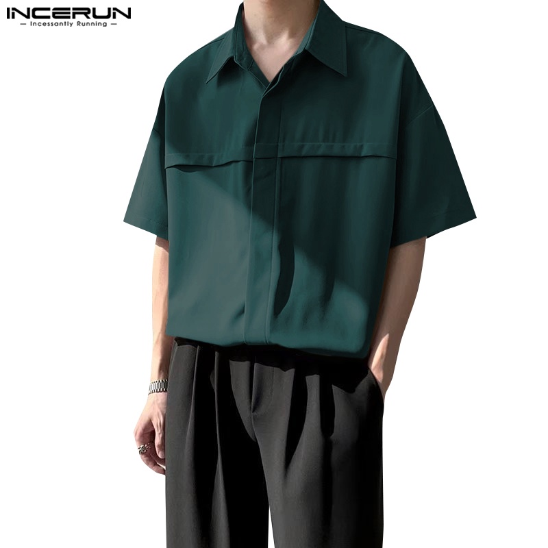 Áo sơ mi INCERUN ngắn tay dáng rộng cổ chữ V thiết kế bất đối xứng đơn giản cho nam