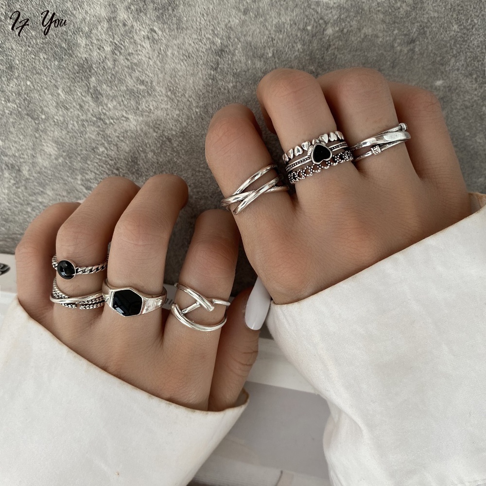 Set 7 nhẫn AY mạ bạc thiết kế bắt chéo trái tim đen phong cách cổ điển thời trang