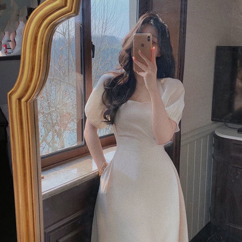 Black stitched dress women's 2022 new spring and summer French bubble sleeve niche design Hepburn dress