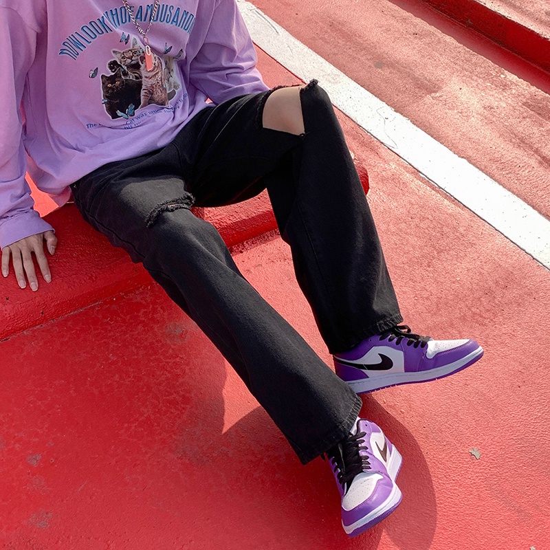 Quần jean nam ống rộng đen rách tam giác  phong cách