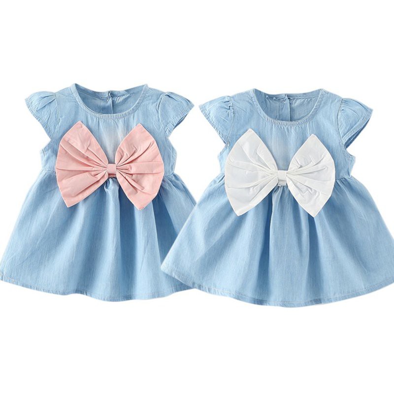 Đầm denim ngắn tay đính nơ đáng yêu cho bé gái