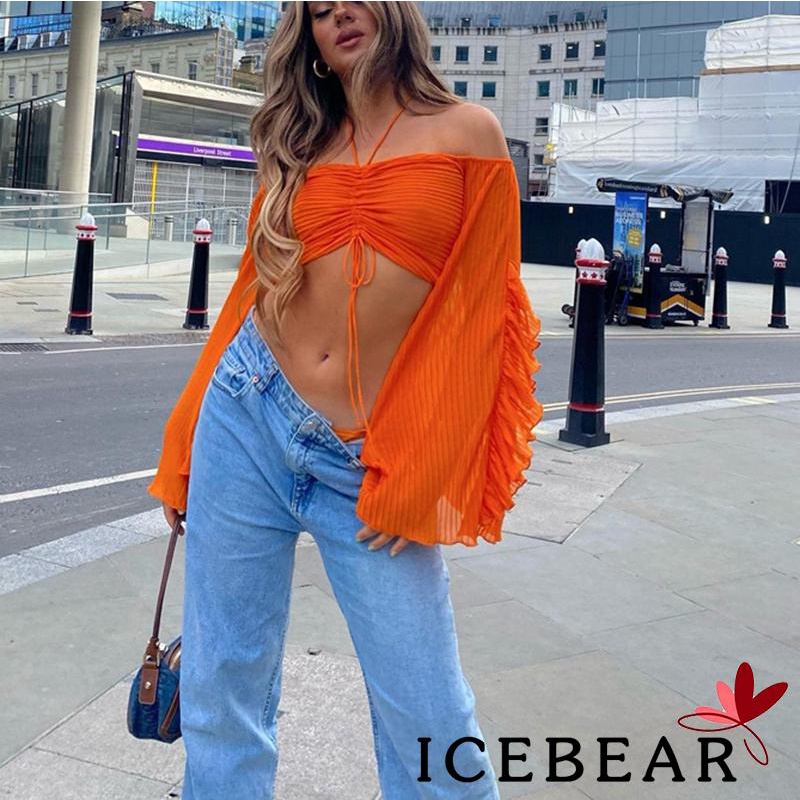 ICE-Women´s Off Shoulder Short Tops Long Sleeve Halter Neck Solid Color Ruched Crop Tops