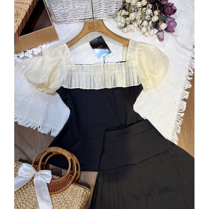 SET ÁO PHỐI TƠ TAY BỒNG XẾP LY PEPLUM KÈM CHÂN VÁY XOÈ XẾP LY