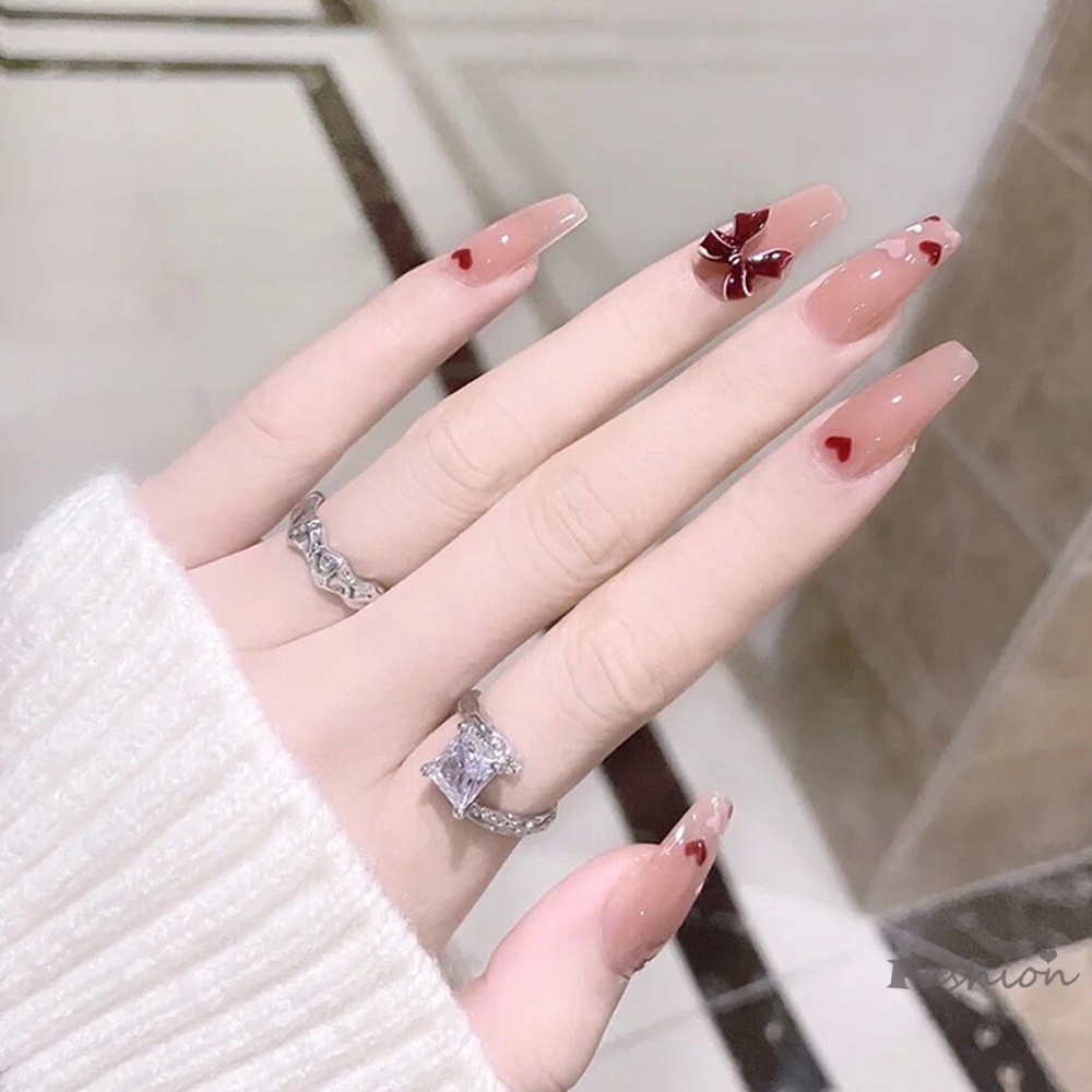 Bộ 24 Móng Tay Giả Đính Nơ 3D Màu Hồng Bóng Thời Trang Dành Cho Nữ
