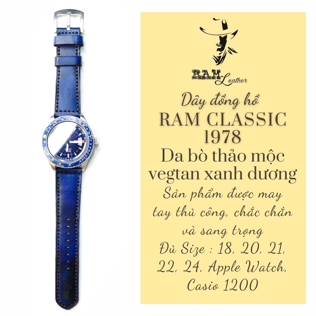 Dây đồng hồ RAM Leather vintage da bò Italia vegtan xanh dương