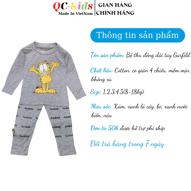 Bộ quần áo thu đông dài tay trẻ em mẫu Garfield chất cotton cho bé trai và gái 8-18kg