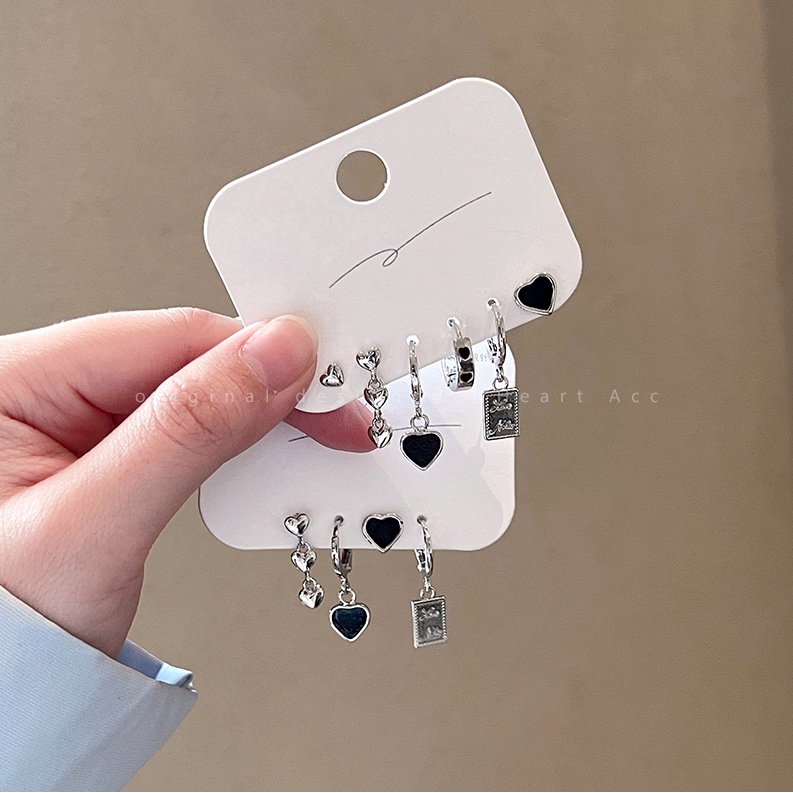 Bộ 6 Khuyên Tai Hình Trái Tim Màu Đen/Bạc Đơn Giản Thời Trang Cho Nữ
