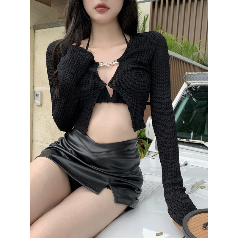 Set Áo Cardigan Ngắn Tay Dài + Chân Váy Xẻ Tà Thời Trang Cho Nữ