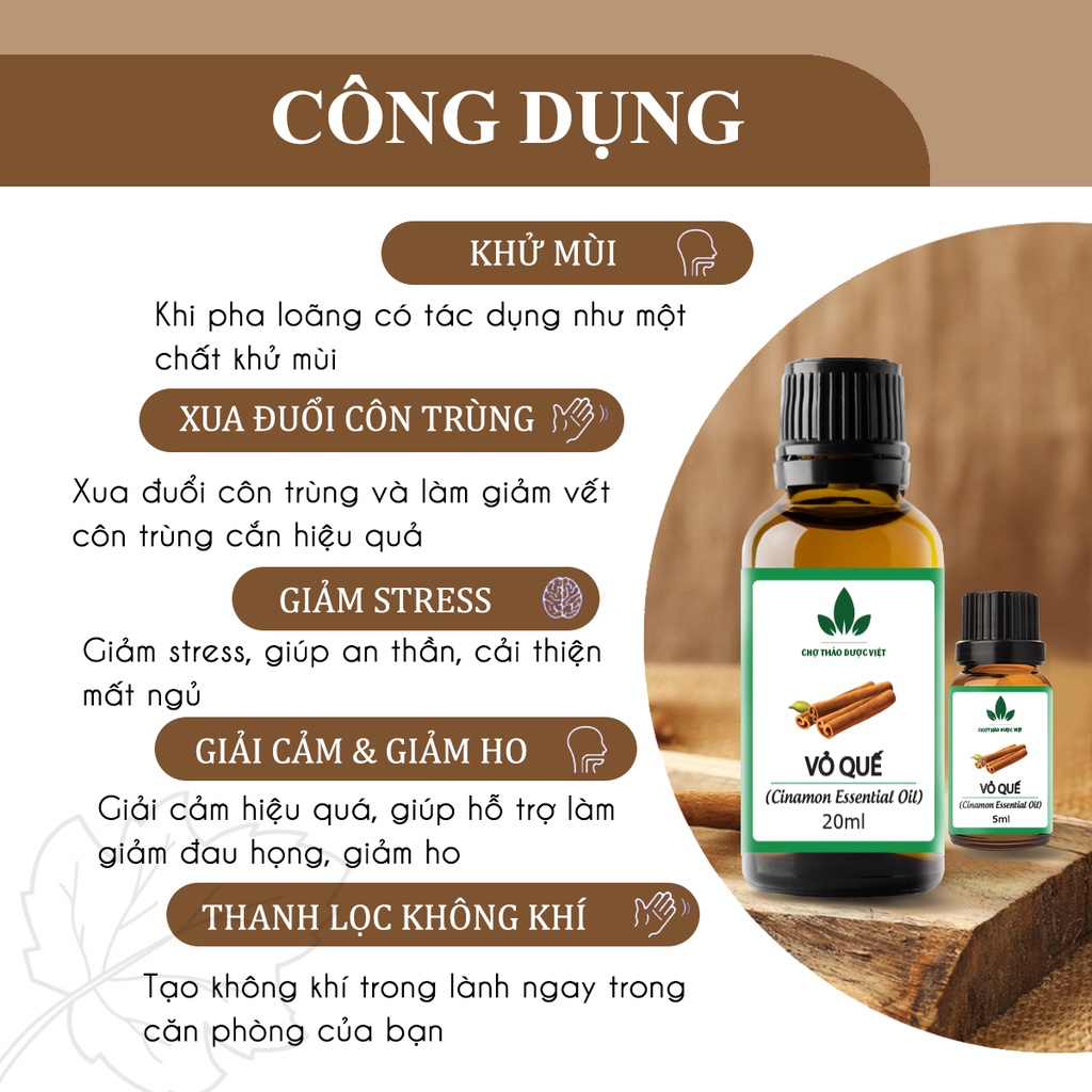 Tinh dầu Quế nguyên chất 20ml, thơm phòng, đuổi muỗi, côn trùng, khử mùi, treo xe - Chợ Thảo Dược Việt