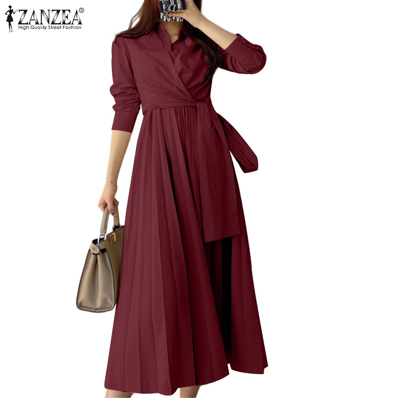 Đầm ZANZEA form chữ A dáng ôm cổ bẻ buộc dây dài tay phong cách Hàn Quốc thanh lịch cho nữ