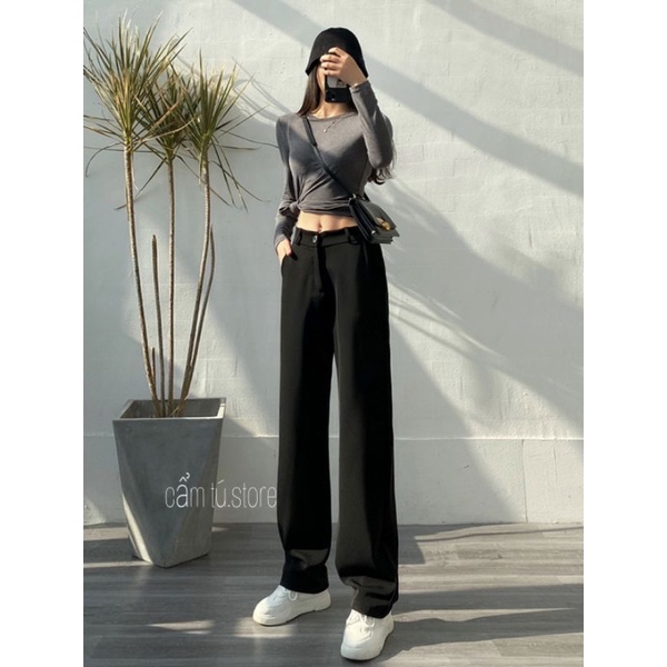 Quần ống suông nữ lưng cao đen dáng đứng dài công sở chất vải mềm - Quần ống rộng culottes cạp cao khóa trước mặc đi học