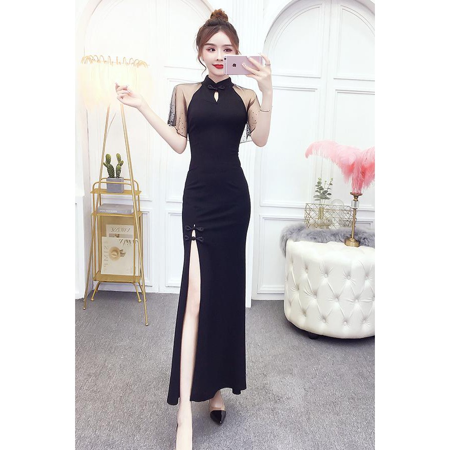 Sườn Xám Cách Tân Dài Xòe Xẻ Đùi Phối Ren Tay | BigBuy360 - bigbuy360.vn