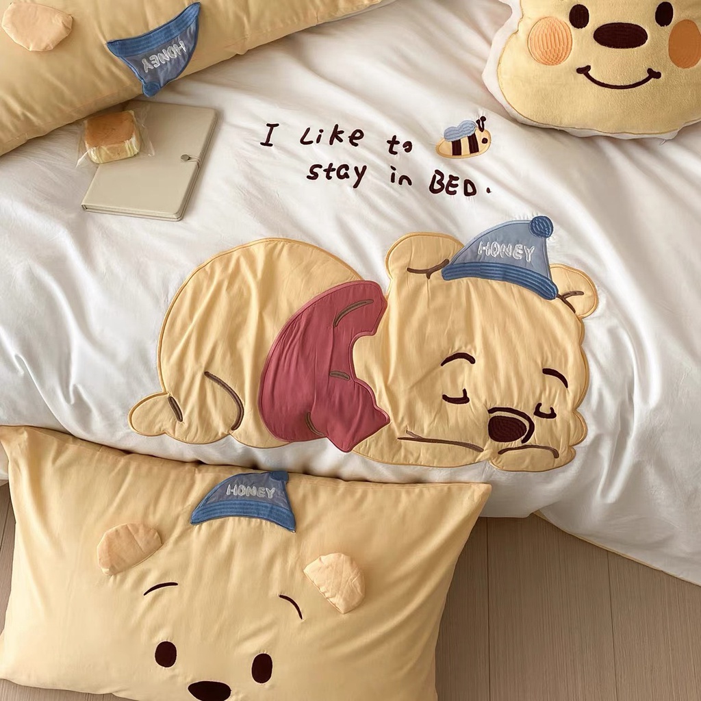 Bộ Chăn Ga Gối 5 Món mẫu GẤU POOH -  Cotton Linen Họa Tiết Hoạt Hình Disney Dễ Thương
