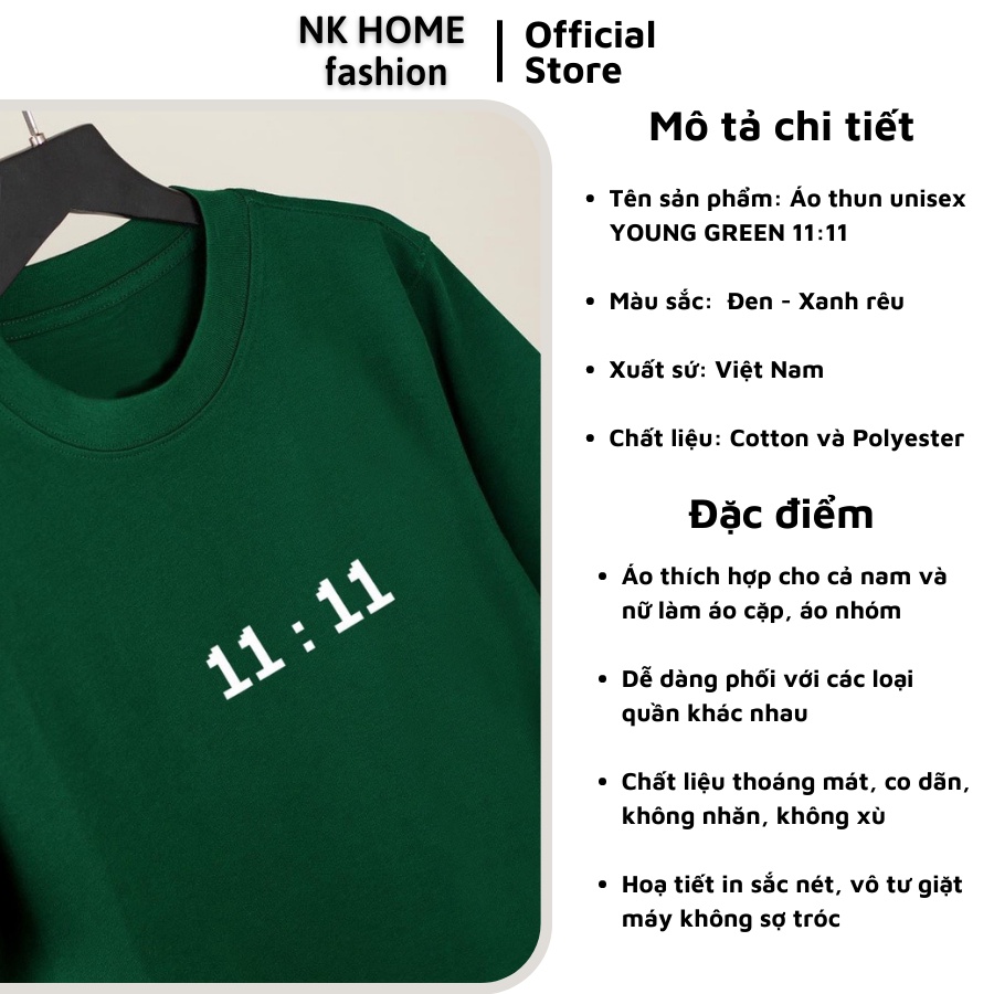 Áo thun tay lỡ unisex YOUNG GREEN 11:11 - Áo phông nữ form rộng cho cặp đôi phong cách hàn quốc vải dày dặn, thoáng mát