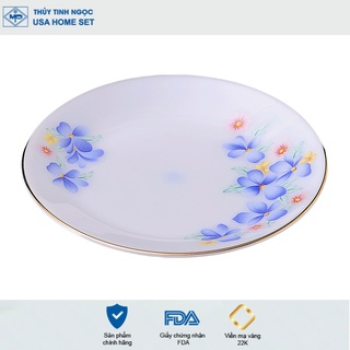 Đĩa tròn nông viền vàng 22K họa tiết hoa màu xanh Thủy Tinh Ngọc USA Homeset cao cấp nhập khẩu chính hãng