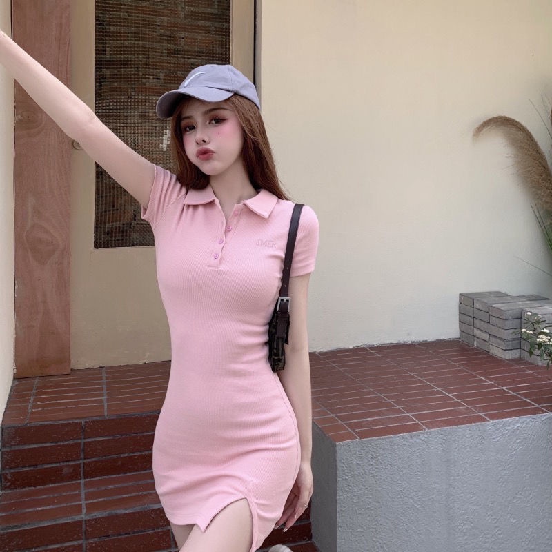 COZOK Đầm Tay Ngắn Cổ Bẻ Xẻ Tà Thời Trang Dễ Phối Đồ Cho Nữ