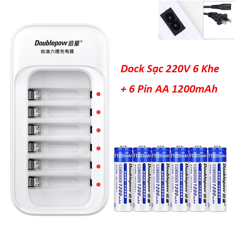 Combo Sạc 6 Khe và 6 Viên Pin Sạc AA NiMh Doublepow 1200mAh MiCro Karaoke Đồ Chơi Trẻ Em Cam Kết Dung Lượng Thật