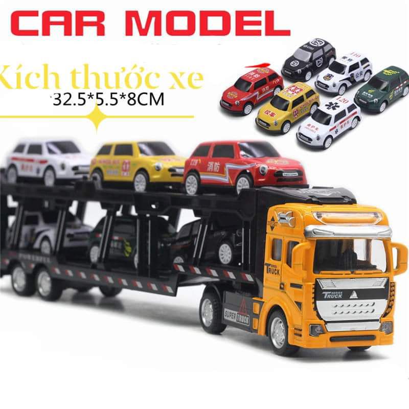 Đồ chơi xe container chở xe 6 xe còn đầu kim loại tỉ lệ 1:48