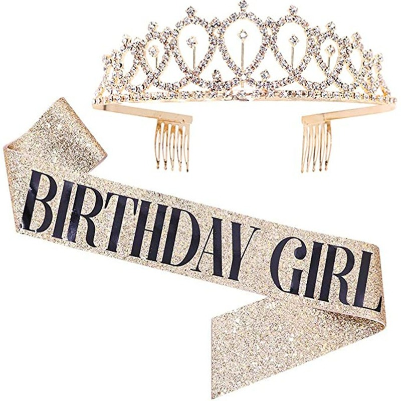 Khăn quàng vai họa tiết chữ "Birthday Queen Birthday Girl" / Vương miện dùng trang trí tiệc sinh nhật