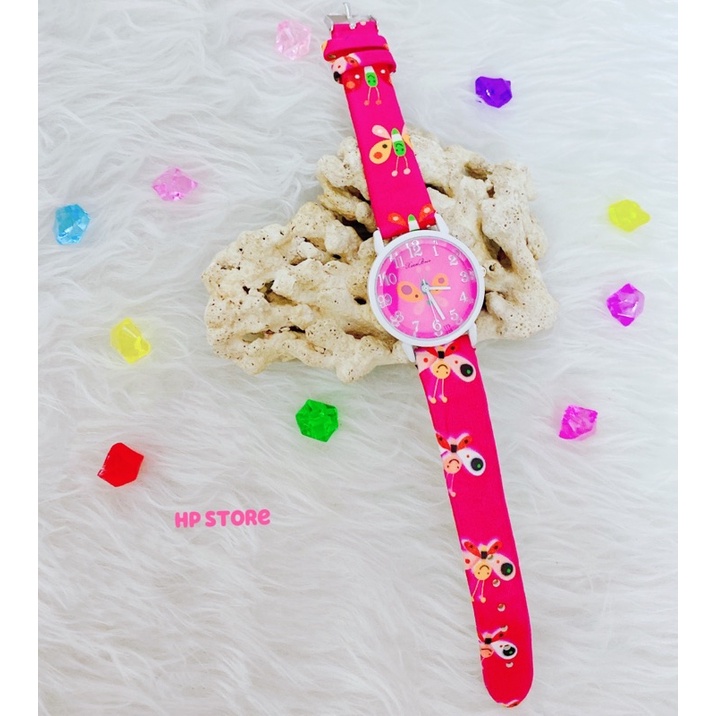 ❤️Đồng Hồ Nữ, Đồng Hồ Bé Gái + Tặng Pin, Mặt Bướm Vàng, Dây Da Hồng Thẫm Cao Cấp Như Hình