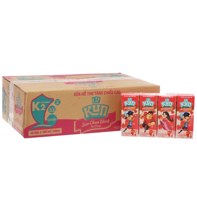 [ Thẻ Đổi Quà ] Thùng 48 Hộp Sữa Kun Vị Kem Dâu - 48 hộp x hộp 180ml