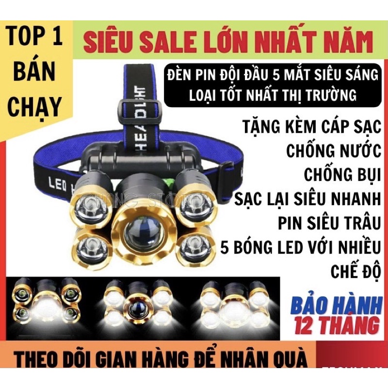 Đèn Pin Đội Đầu 5 Mắt Siêu Sáng Loại Bóng To Bảo Hành 12 Tháng