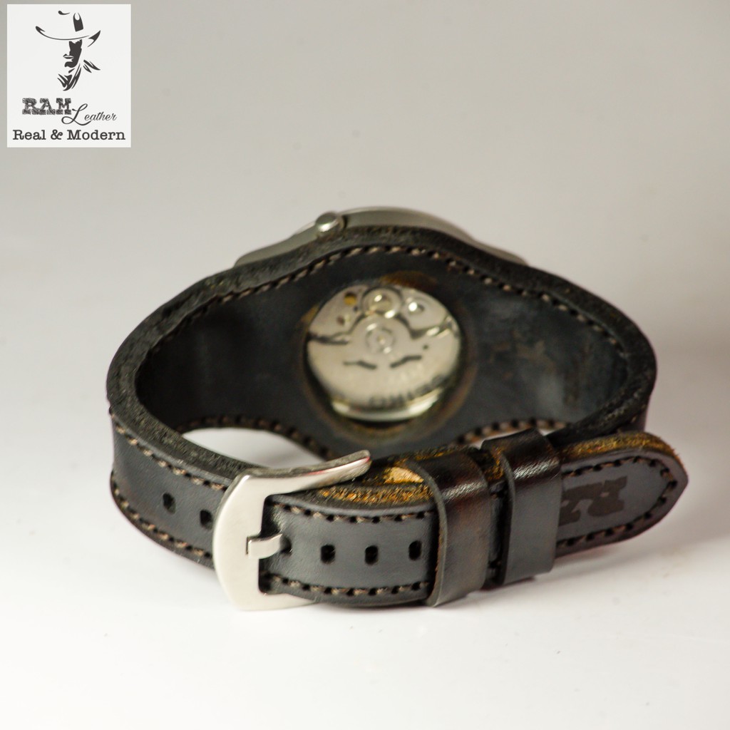 Dây đồng hồ RAM Leather vintage BX da bò đen Italia Vegtan kiểu quân đội bundstraps
