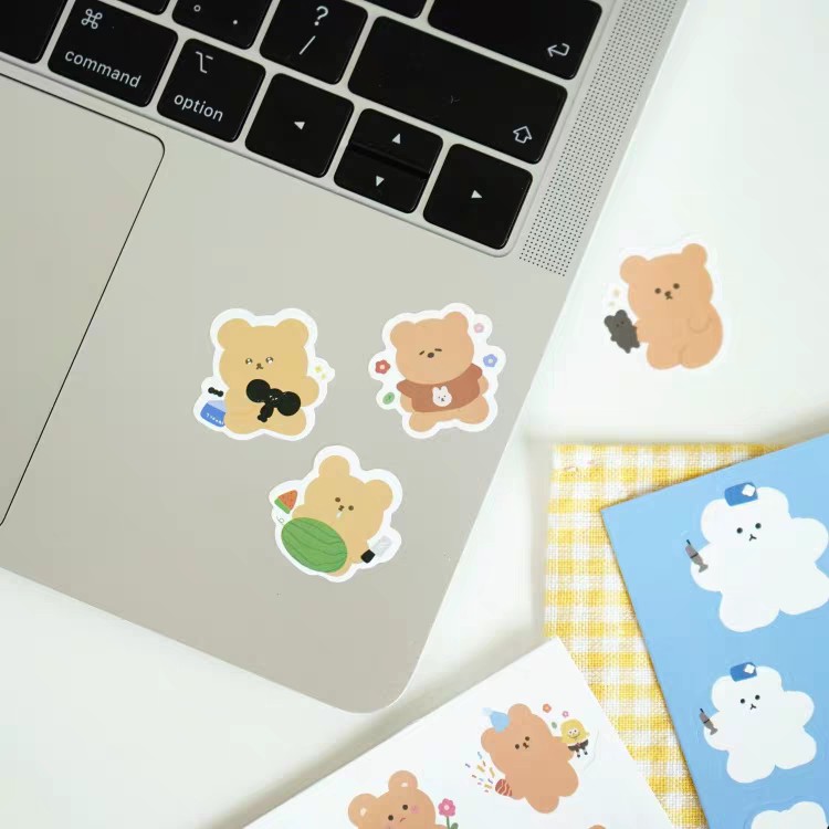 Sticker Hình Theme Gấu Tone Xanh Nâu Dán Trang Trí Đồ Dùng