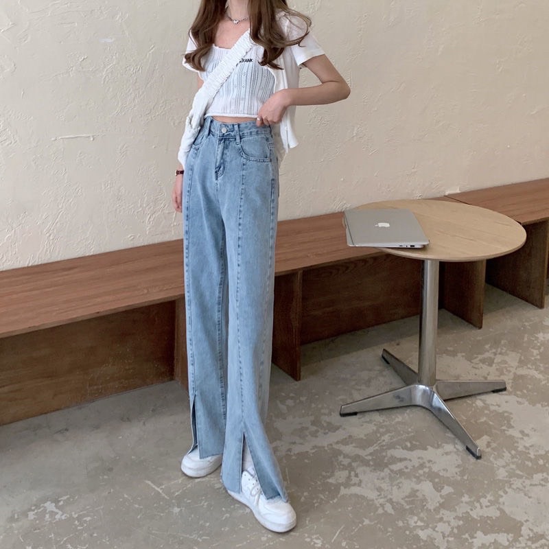 Quần Jeans màu xanh xẻ gấu siêu dài chân có size S M L XL (sẵn S M/ L,XL order 7 ngày)