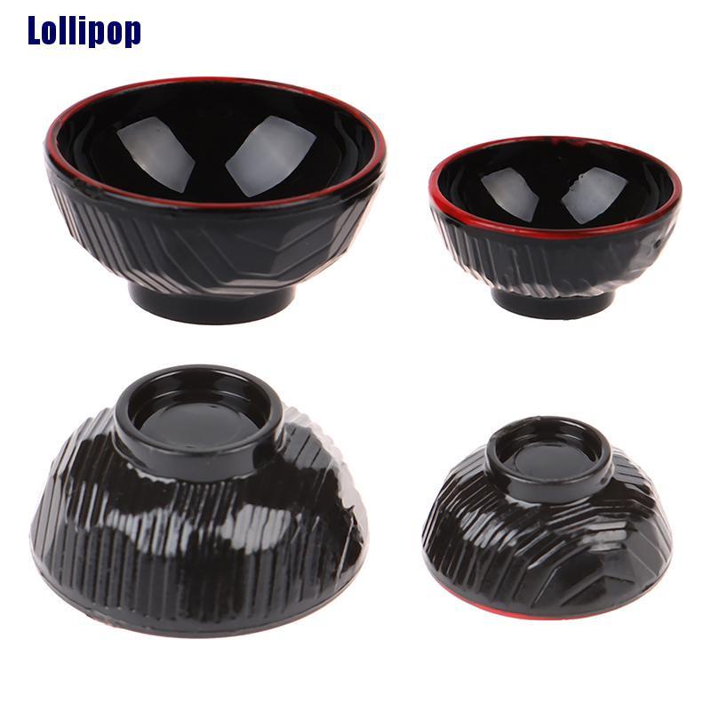 Set 4 mô hình bát bằng nhựa màu đen trang trí nhà búp bê tỉ lệ 1:12