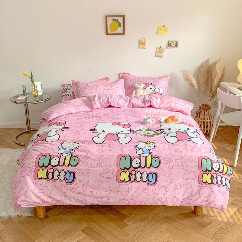 Bộ chăn ga gối Cotton poly M2T bedding, vỏ chăn mền, drap ga giường và 2 vỏ gối nằm - PL Mèo kitty