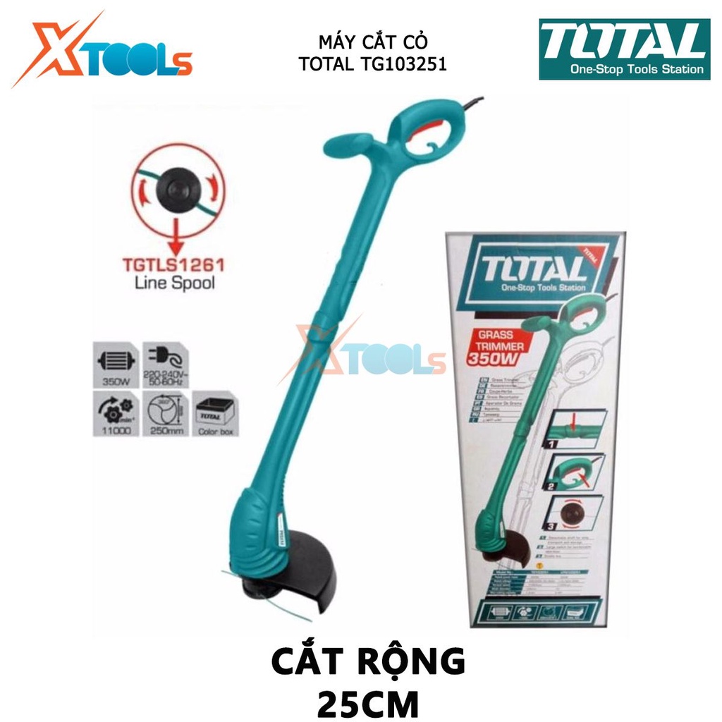 Máy cắt cỏ TOTAL TG103251 máy cắt cỏ dùng điện có điện thế 350W,Điện áp định mức 220-240V~50-60Hz, 11000rpm, 250mm, 1.2m