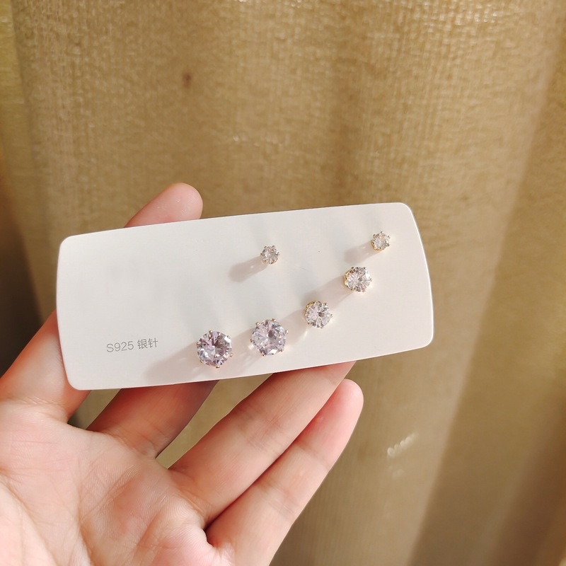 Set 3 đôi Khuyên tai nụ bạc 925 đính đá kiểu dáng lạ mắt độc đáo Phong cách Hàn Quốc