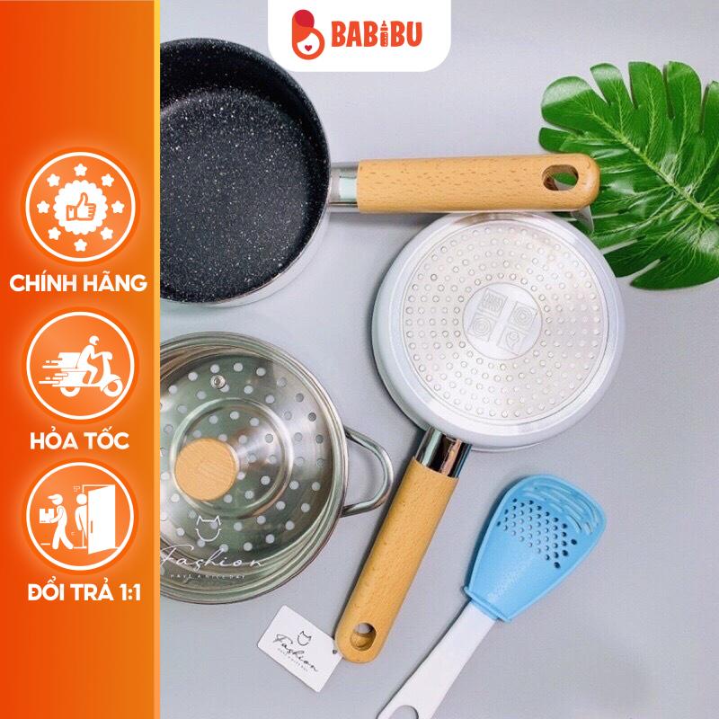 [ BẢO HÀNH 12 THÁNG ] Bộ Nồi Chảo Ăn Dặm Nấu Cháo Bột Kèm Xửng Hấp Cho Bé FASHION Chống Dính Babibu - BNCF