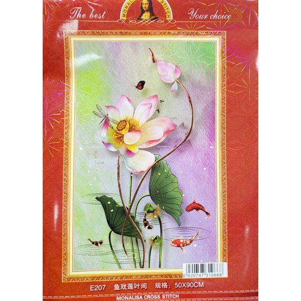 tranh thêu chữ thập hoa sen đẹp e207 (50x90) - TRANH CHƯA THÊU