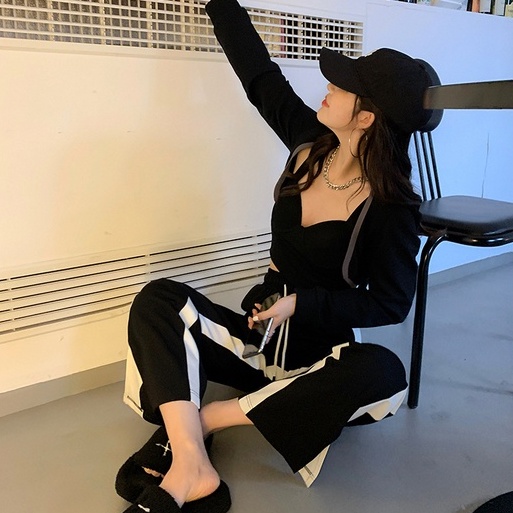 【ZHELIHANGFEI】Quần Thể Thao Lưng Cao Ống Rộng Xẻ Tà Thời Trang Năng Động