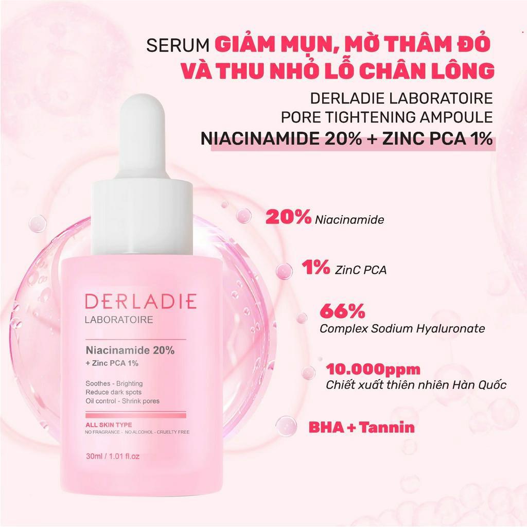Tinh chất giảm mụn, se lỗ chân lông Derladie Pore Tightening Ampoule Niacinamide 20%+ ZinC PCA 1% 30ml